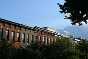Row of brick rowhouses on a tree-lined street
